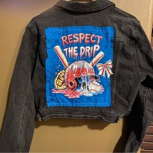 Hand designed cropped black denim jacket women’s size large